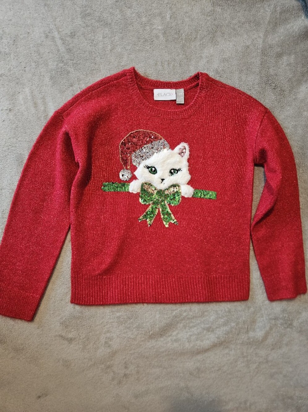 Sparkly Red Holiday Kitty Sweater with Green Sequin Bow